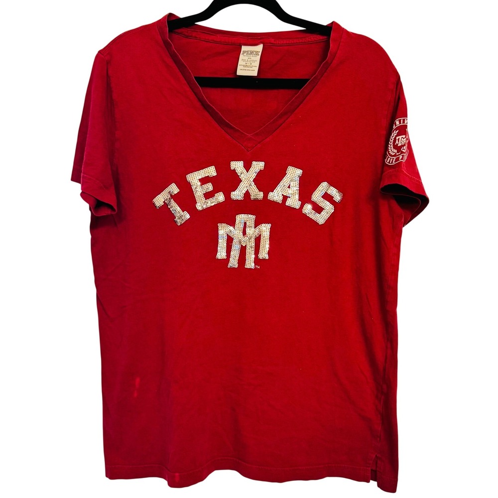 Victoria's Secret PINK Women M Texas A&M Sequin V-Neck T-Shirt Maroon